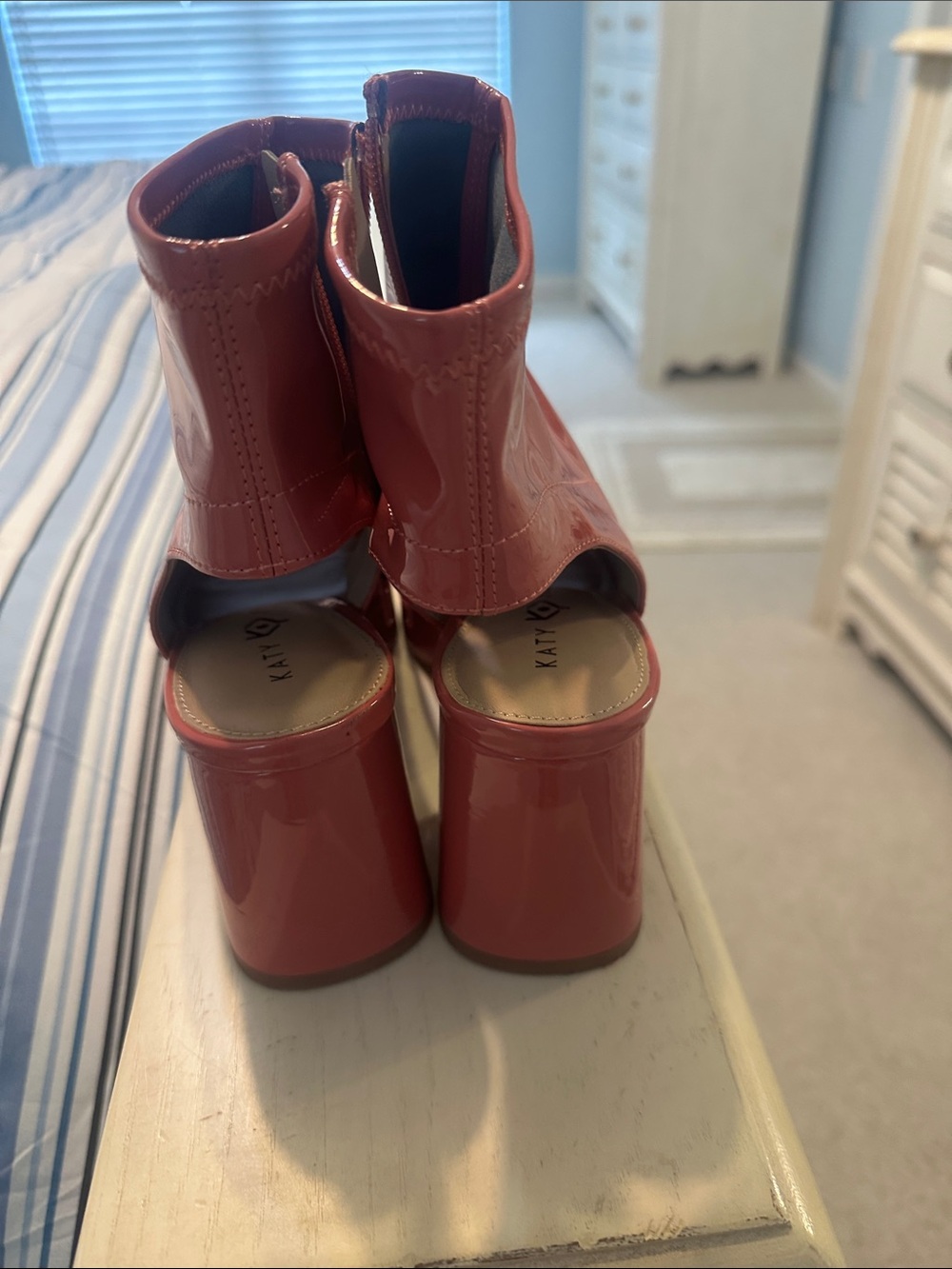 Katy Perry Collections Patent Open-Toe Block Heel Booties in Red - Picture 3 of 4